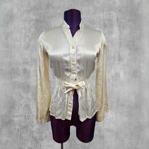 Vintage Laffin Lass Juniors Cream Satin Bell Sleeve Peplum Blouse Small M24